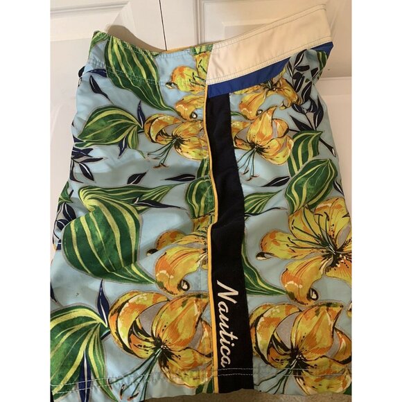 Nautica Men’s Sz 33 Swim Trunk Board Shorts Surf Hawaiian Khaki Multicolored - Picture 1 of 6